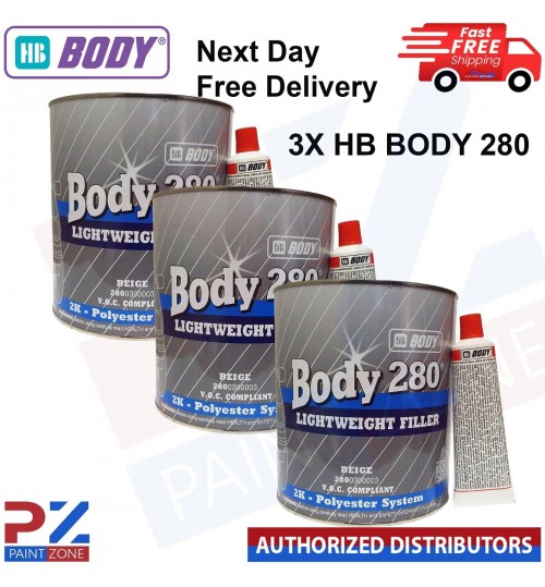 3 x HB Body 3 Litre Bodyfiller HB280 Beige Lightweight 2K Polyester filler 3L